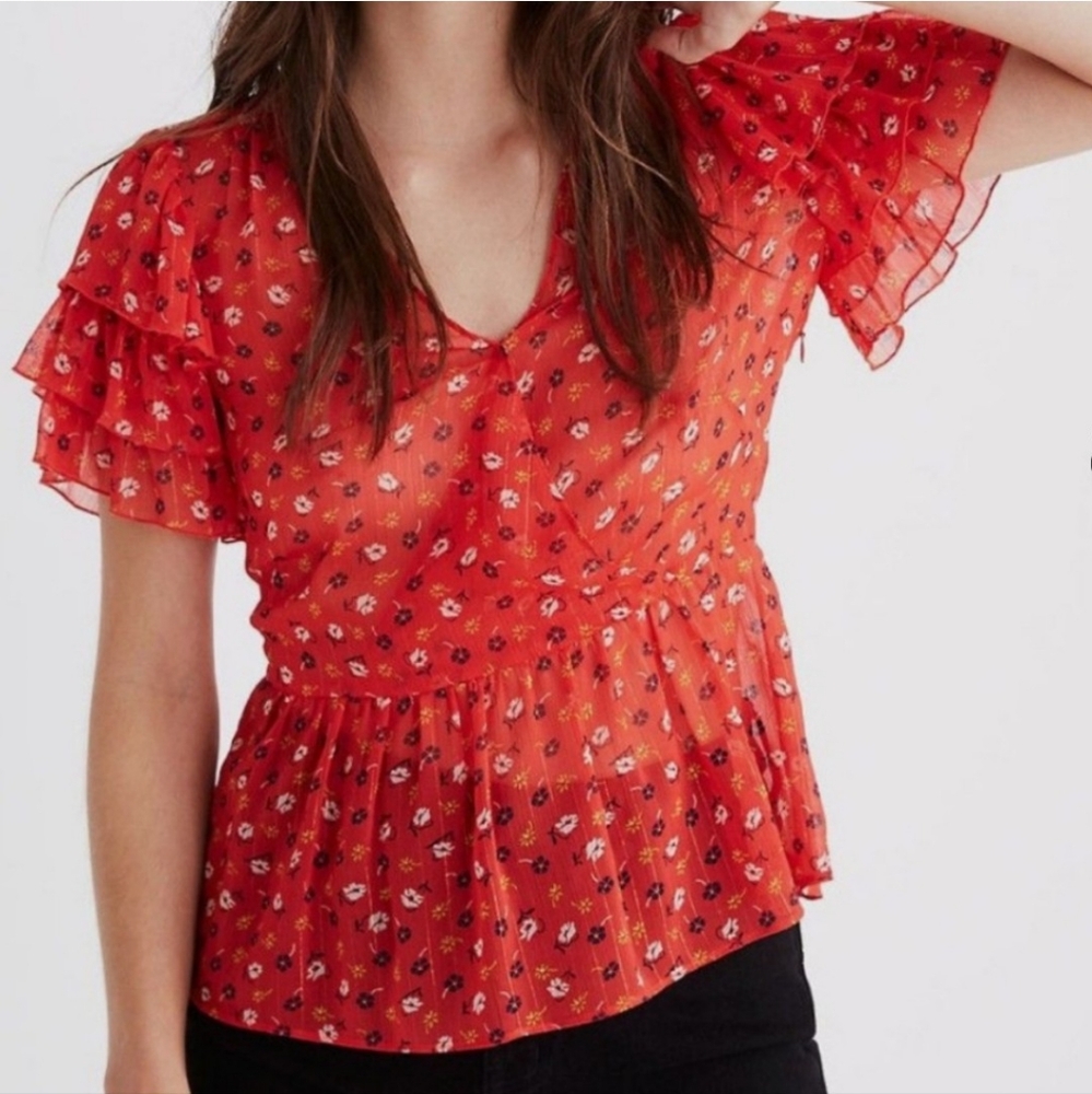 MADEWELL Tiered Sleeved Red Peplum Top In Metallic Prairie Posies NWT